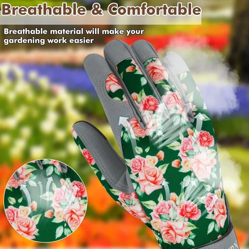 Vista 3 de Guantes de jardinería para mujer, de cuero resistente, a prueba de espinas, guantes de trabajo para mujer