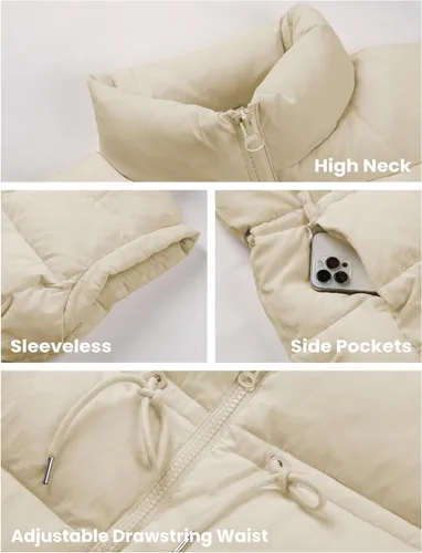 Vista 2 de Lentta Chaleco acolchado para mujer con cordón ajustable en la cintura ligero acolchado con cremallera y bolsillos