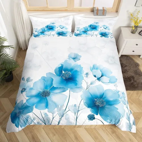 Vista 5 de Manfei Juego de funda de edredón de flores azules, tamaño individual, funda de edredón floral de acuarela con 1 funda de almohada, juego de ropa
