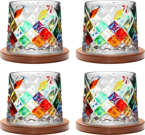Vista 12 de Vaso de vidrio antiguo giratorio, 275ml/10oz Juego de vasos de whisky de cristal de 2 piezas, posavasos de madera, engrosamiento, utilizado como
