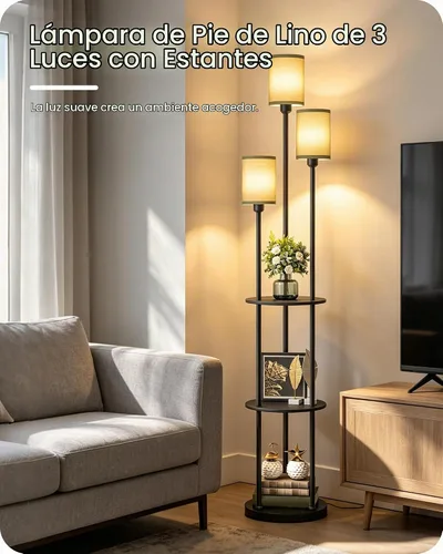 Vista 6 de Lámpara de pie con estantes, moderna lámpara de pie con 3 pantallas de lino e interruptor de pie, lámpara de pie de 3 luces, para sala de estar