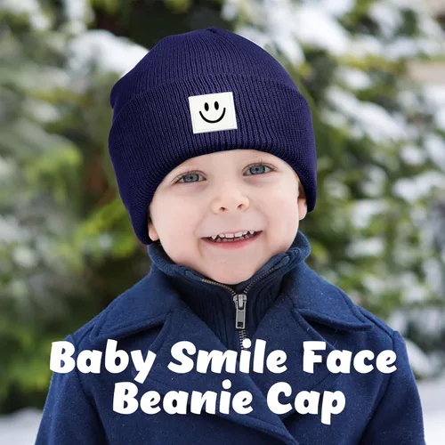 Vista 2 de Gorro de punto con cara sonriente para bebé, 3 unidades, para niños pequeños, gorro de invierno suave bordado con cara sonriente