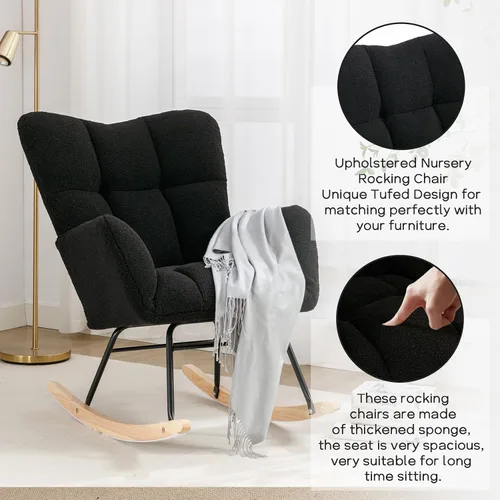 Vista 3 de Silla mecedora moderna para cuarto de bebé, silla deslizadora tapizada con respaldo alto, sillón de acento mecedor con patas de madera maciza