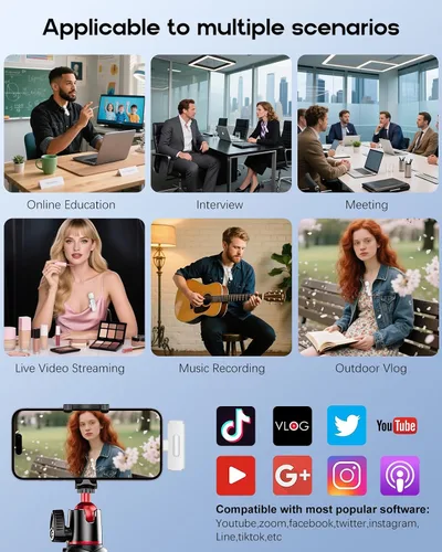 Vista 9 de Mini micrófono inalámbrico para iPhone, paquete de 2 micrófonos Lavalier para grabación de video, micrófono de solapa con reducción de ruido 2 en 1