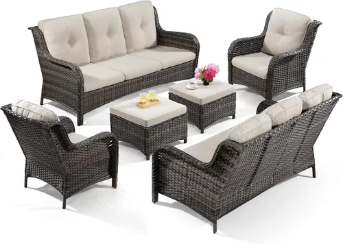 Vista 23 de Juego de 2 sillas de patio giratorias de 360 grados para exteriores y mesa auxiliar a juego – 3 sillas deslizantes de mimbre para patio con cojines
