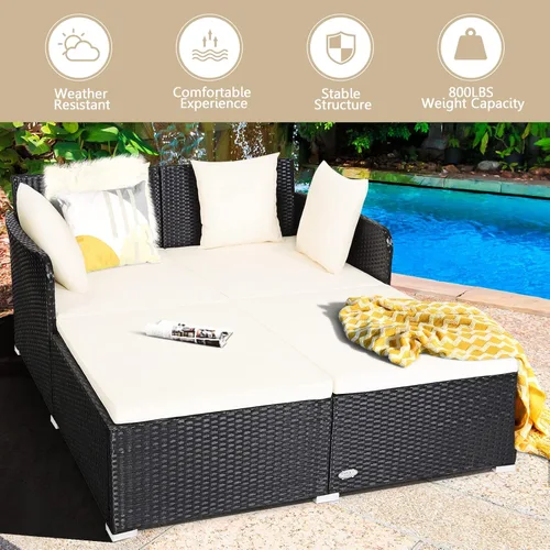 Vista 6 de HAPPYGRILL Sofá cama de ratán para exteriores, juego de sofá cama para patio con cojín y almohadas, pie de aluminio resistente, muebles de mimbre