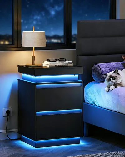 Vista 2 de WLIVE Mesita de noche negra con estación de carga y luces LED, mesita de noche con 2 cajones de madera y parte superior deslizante, mesa auxiliar
