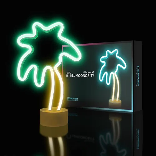 Vista 2 de Lumoonosity Palm Tree Lights - Letrero de neón de palmera verde y amarillo para dormitorio, sala de juegos, luz de neón con batería/USB, con soporte