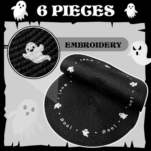 Vista 4 de Tioncy 6 manteles individuales de plástico para Halloween, redondos, bordados, fantasmas, 13.5 pulgadas, color negro, fantasmas espeluznantes, cena