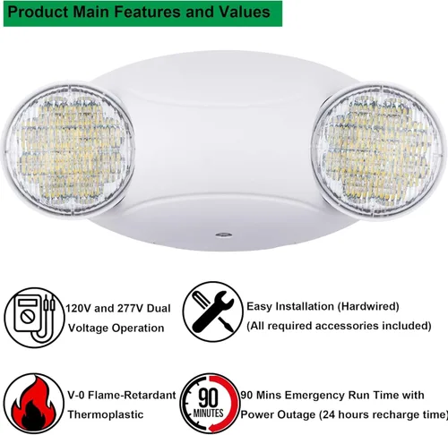 Vista 3 de Accesorios de iluminación LED de emergencia con 2 cabezales LED de ojo de insectos y baterías de respaldo, luz de salida estándar de EE. UU.
