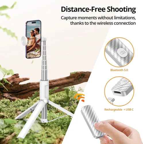 Vista 4 de ATUMTEK Trípode selfie stick de 62 pulgadas, trípode extensible de aluminio con control remoto Bluetooth recargable, compatible con teléfonos