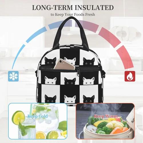 Vista 5 de Bolsa de almuerzo para gatos blancos y negros con correa ajustable para el hombro para mujeres y hombres, lonchera reutilizable, a prueba de fugas