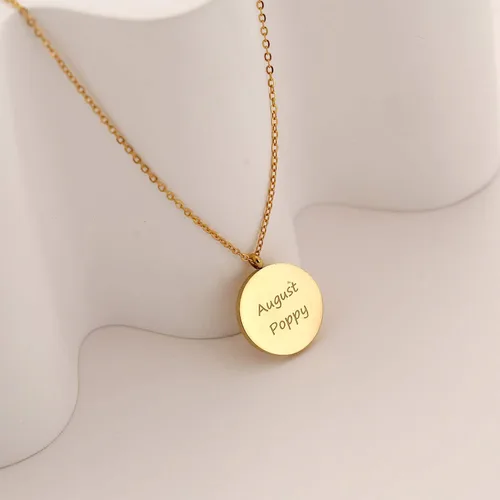 Vista 5 de FANCY SHINY Collar con dije de flor del mes de nacimiento, delicado collar de moneda dorada grabada de acero inoxidable para mujer, regalo para ella