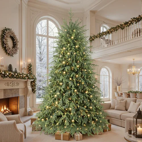 Vista 6 de SHareconn Árbol de Navidad artificial de pino Norfolk preiluminado de 4 pies con bisagras y control remoto, 450 luces LED multicolores preiluminadas
