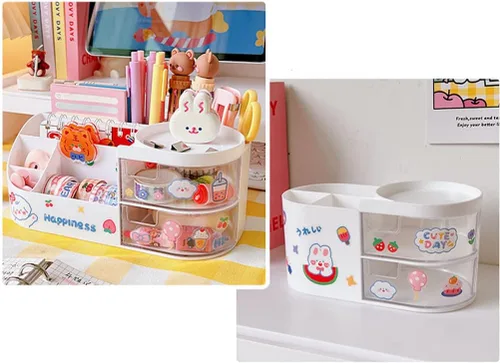 Vista 5 de Organizador de escritorio Kawaii con cajones para adolescentes y niñas, lindo organizador de escritorio Kawaii con calcomanías, suministros Rosa