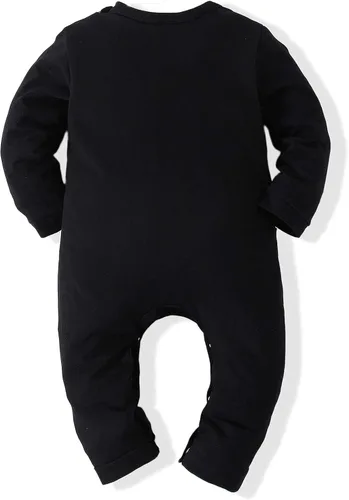 Vista 2 de Kimocat Mameluco de esmoquin para bebé niño, de una pieza, con botones, corbatín de boda (corbata negra y negra)