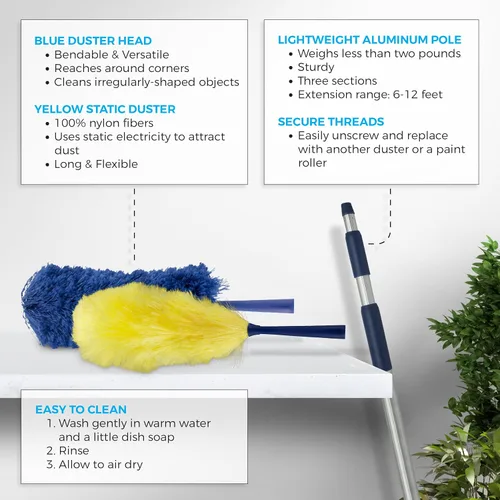 Vista 5 de Feather Microfiber Plus Nylon Static Cobweb Duster Alcanza hasta 20 pies Kit de plumero Webster de ventilador de techo extensible de 3 niveles