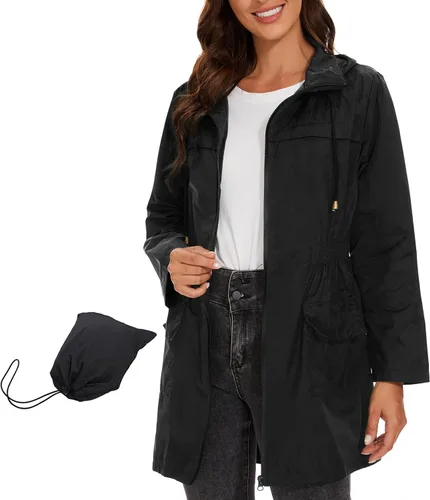 Vista 7 de Century Star Chaquetas de lluvia plegables impermeables para mujer con capucha, chaqueta cortavientos ligera