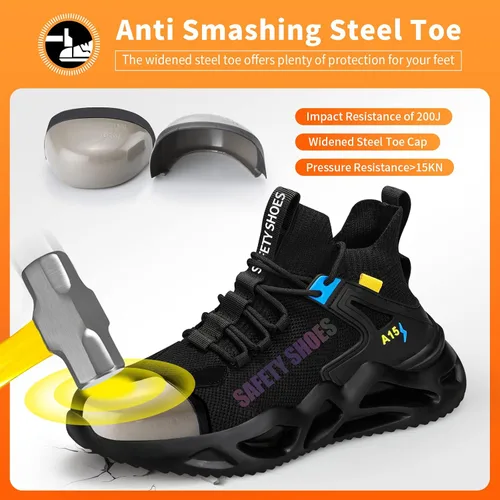Vista 2 de LAoutun Zapatos de punta de acero para hombre, zapatos de construcción industrial, de corte medio, botas industriales, zapatos de trabajo cómodos