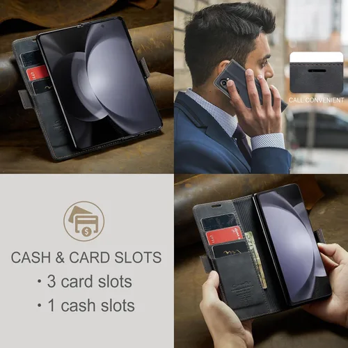 Vista 4 de Kowauri Funda para Samsung Galaxy Z Fold 5, diseño clásico de cuero con cierre magnético, con ranura para tarjetero, a prueba de golpes, funda Negro