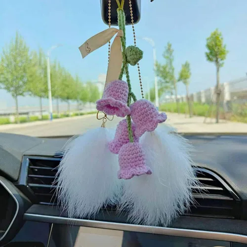 Vista 9 de Surakey Lindo ganchillo colgante Campanula flor de punto Convallaria espejo de coche colgante interior del coche espejo retrovisor de algodón cordón