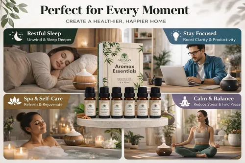 Vista 7 de Aromax - Juego de 6 aceites esenciales para regalo, lavanda, menta, sándalo, madera de teca, árbol de té y gardenia para relajación, sueño y alivio