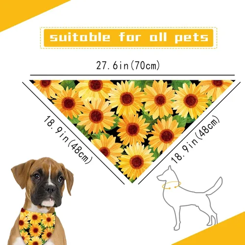 Vista 2 de Pañuelo de girasol con hojas para perro, bufanda lavable para mascotas, pañuelo ajustable triangular, estampado de doble cara, negro, girasol
