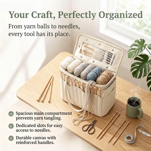 Vista 4 de Canvas Yarn Storage Bag, Personalized Knitting Bag with Needle Pockets and Handle, Knitting & Crochet Accessories Birthday Gift for Craft Black