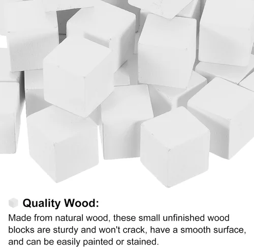 Vista 3 de uxcell 50 bloques de madera para manualidades, cubo de madera sin terminar de 1 pulgada, bloque cuadrado de madera de pino para proyectos de Blanco
