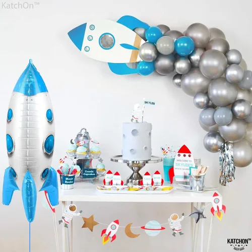 Vista 7 de Katchon, Globos de cohete azules enormes – 33 pulgadas Decoraciones de fiesta del espacio exterior con globo de cohete, globo espacial