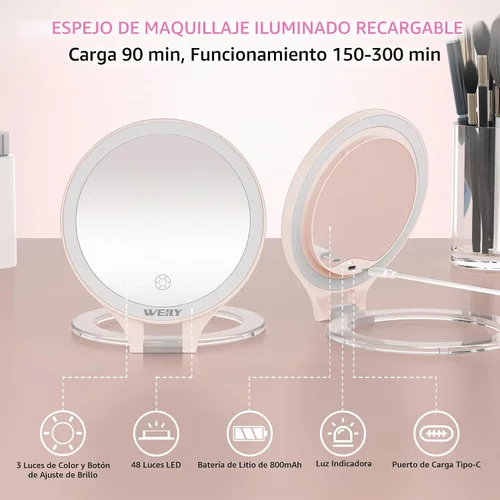 Vista 7 de WEILY Espejo de maquillaje con aumento 10X/1X, espejo de viaje con luz rosado (451-pink)