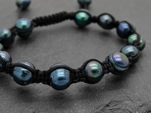 Vista 6 de Pulsera ajustable de perlas de pavo real negro para hombres y mujeres, regalo único