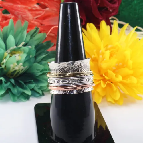 Vista 6 de Solid 925 Sterling Silver Flower Floral Three Tone Hammered Meditation Spinner Ring For WomenGirls