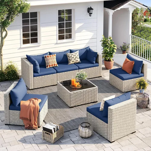 Vista 9 de UDPATIO Juego de muebles de patio al aire libre, sofá seccional modular de 7 piezas con mesa de té, juego de conversación al aire libre de mimbre PE