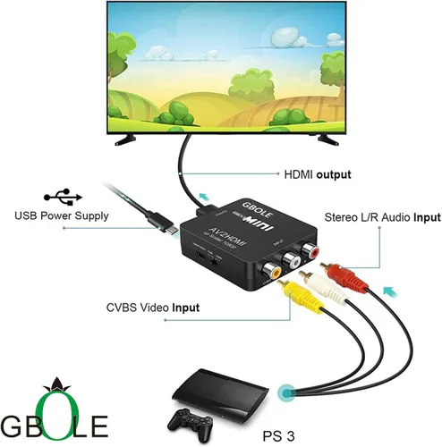 Vista 4 de RCA a HDMI AV a HDMI Convertidor 1080P Mini RCA compuesto CVBS Video Audio Converter Adapter Supporting PAL NTSC with USB Charge Cable for PC