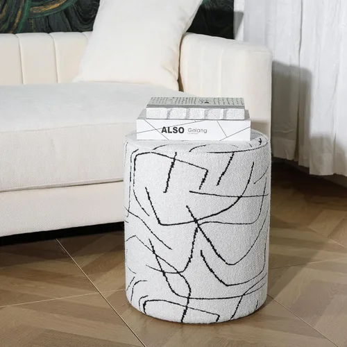 Vista 6 de Get Set Style Moderno otomano redondo con asiento acolchado suave, taburete multifuncional para maquillaje, reposapiés tapizado, taburete otomano