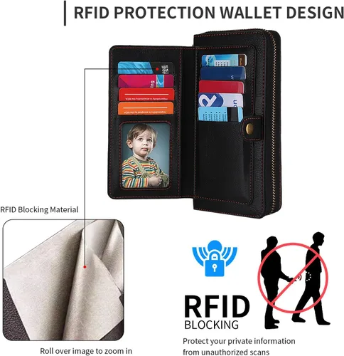 Vista 3 de LITOU Funda compatible con iPhone 15 Plus para mujeres y hombres, funda de piel con cierre de pulseras, tarjetero con bloqueo RFID, funda magnética