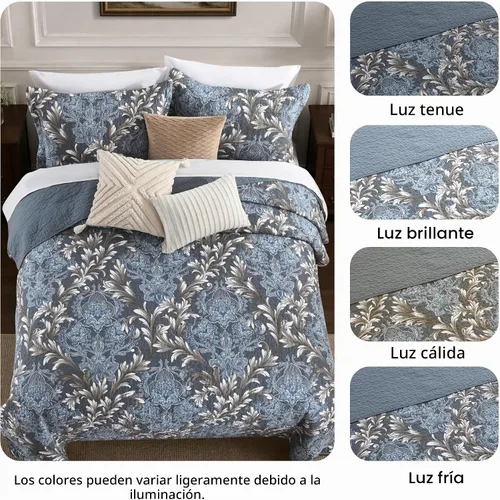 Vista 7 de Juego de edredón 100% algodón tamaño Queen de 3 piezas, edredón floral de damasco con 2 fundas, colcha acolchada floral vintage, ropa de cama ligera