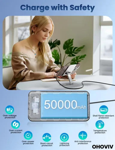 Vista 8 de Cargador portátil, banco de energía de 50000 mAh con cables incorporados, paquete de batería de carga rápida de 22.5W, cargador de teléfono portátil