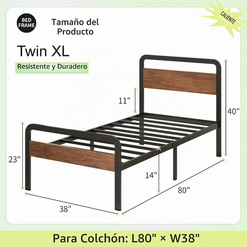 Vista 2 de Richwanone Base de cama Twin XL de 14 pulgadas con cabecero y pie de cama de madera, marco de plataforma de metal con soporte de listones de acero