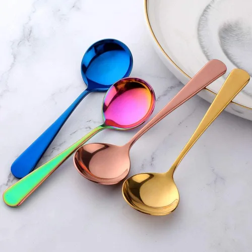Vista 4 de MINGYU Juego de 4 cucharas de sopa redondas pesadas – Cuchara de caldo de acero inoxidable Muticolor, cucharas para servir la cena, cucharada