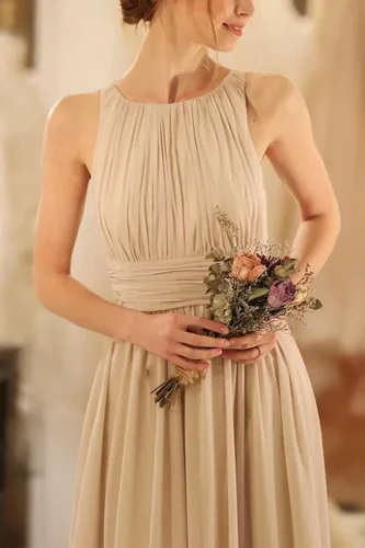 Vista 2 de Vestido de dama de honor de gasa sin mangas para mujer, largo, plisado, cintura alta, formal, vestido de baile
