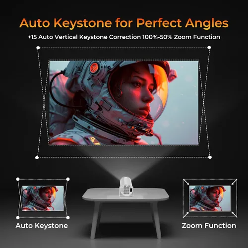 Vista 6 de Mini Proyector con WiFi y Bluetooth, Proyector de Película Portátil Soporte 4K, Auto Keystone, Rotación de 210°, Pantalla de 130'' Proyector