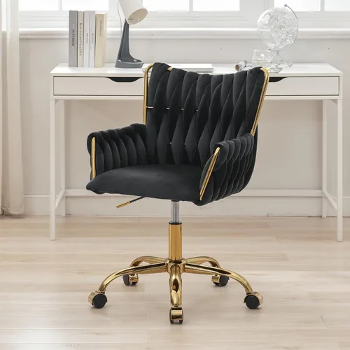 Vista 18 de Silla de escritorio de terciopelo, taburete de tocador, sin ruedas, moderno sillón dorado con patas de acento