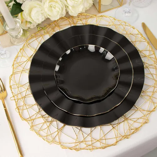 Vista 6 de Tableclothsfactory Paquete de 10 platos redondos de plástico negro de 6 pulgadas para ensalada de postre, platos desechables con borde ondulado