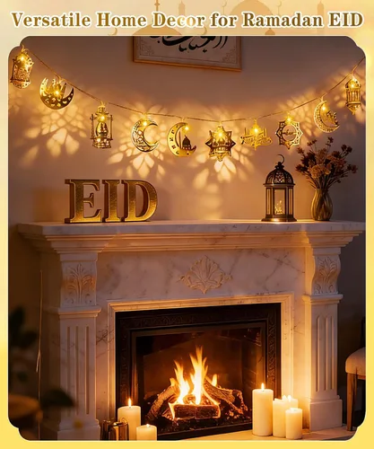 Vista 5 de Luces de Ramadán Eid Mubarak, decoraciones de Ramadán para el hogar, 10 luces LED Eid Mubarak, guirnalda de luces de luna y estrella, linterna Eid