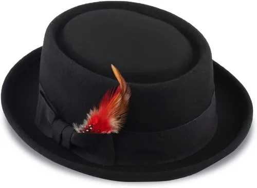 Vista 4 de Pork Pie Hat for MenWomen Wool Felt Boater Porkpie Flat Top Derby Fedora