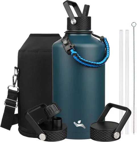 Vista 82 de Konokyo - Botella de agua aislada de 18 onzas, botellas deportivas de acero inoxidable con 3 tapas, verde militar