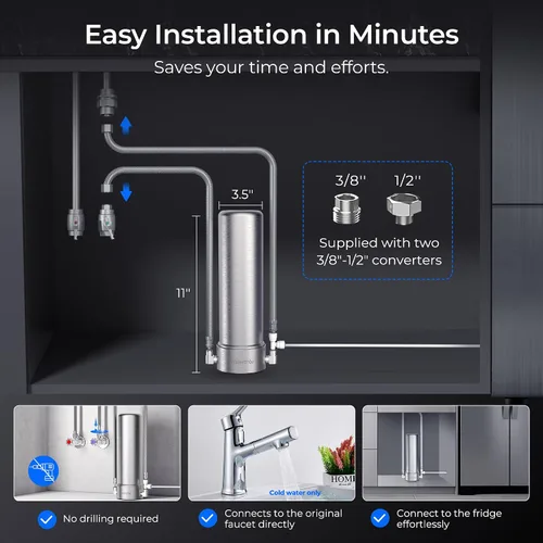 Vista 3 de Waterdrop AP13 Filtro de agua debajo del fregadero y filtro de agua para refrigerador 2-en-1, Sistema de filtro de agua en línea para refrigerador