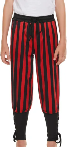 Vista 2 de WISHU Pantalones piratas medievales con bandas de tobillo para niños, disfraz de pirata vikingo renacentista, pantalones de rayas para Halloween